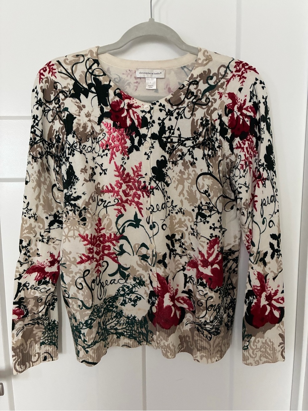Christopher & Banks Cream Floral Script Holiday Accent Cardigan